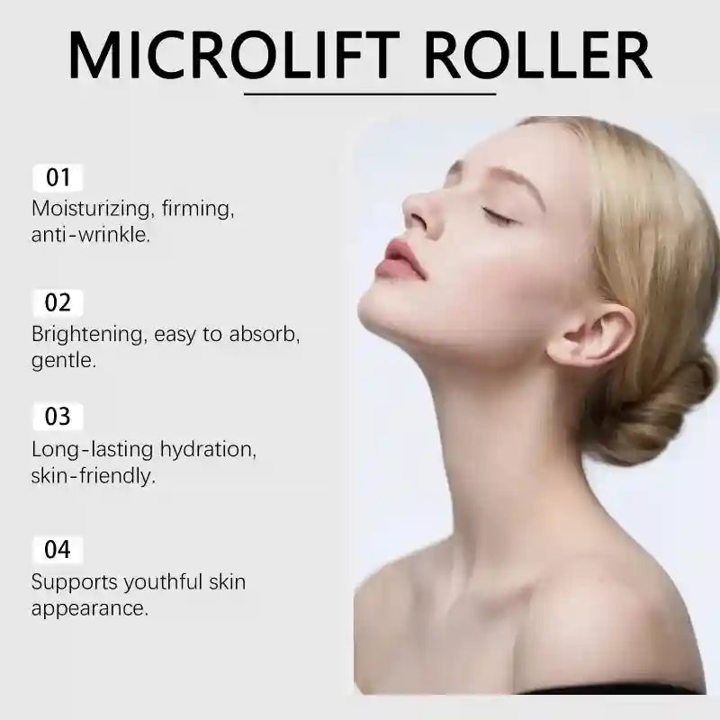 Microlift Roller shown next to a list of four skincare benefits and a profile view of a woman's face and neck.