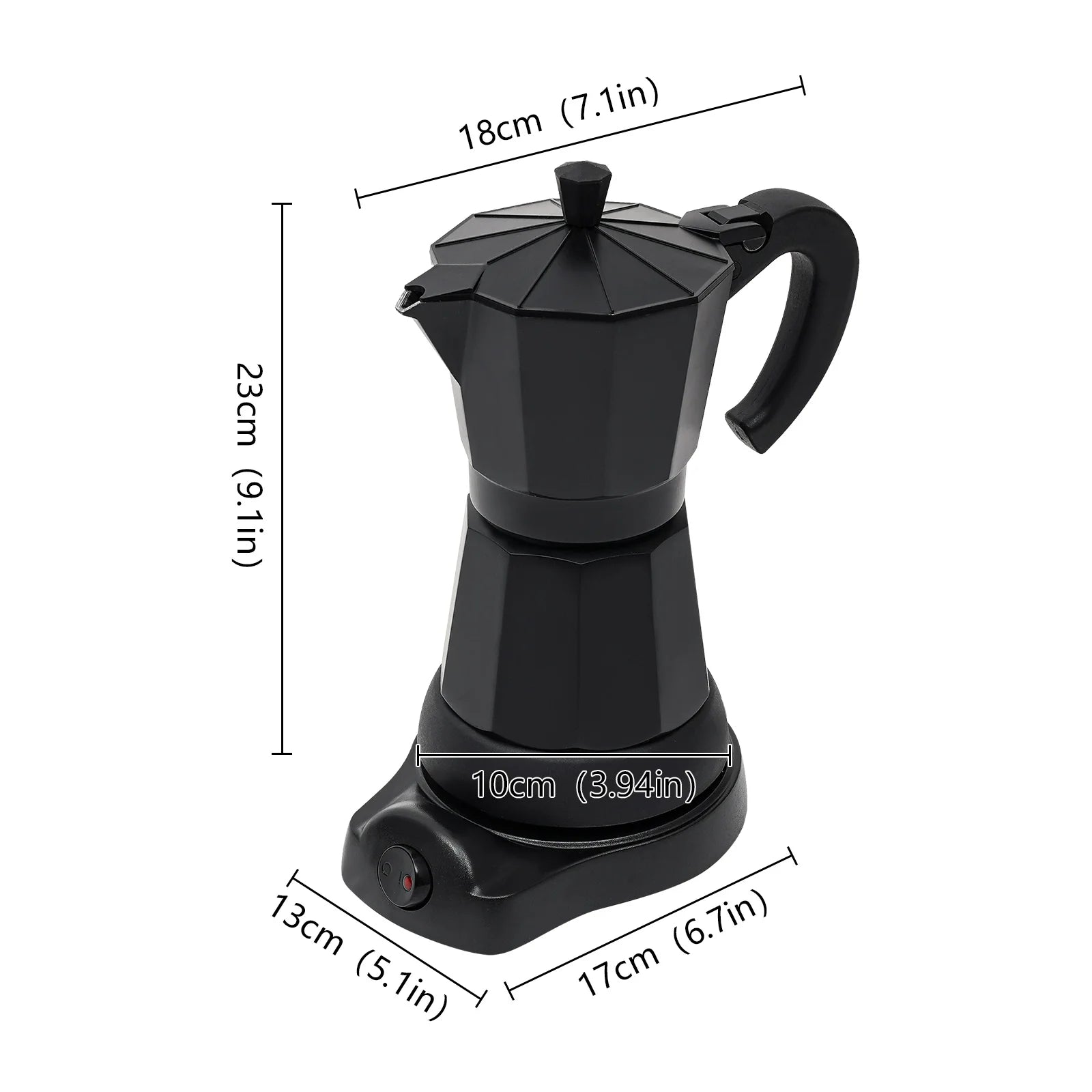 Black electric moka pot coffee maker with dimensions labeled, 23cm height, modern design for home brewing.