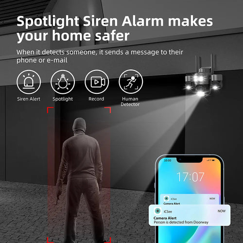 Outdoor WiFi security camera with spotlight siren alarm, two-way audio, black housing
