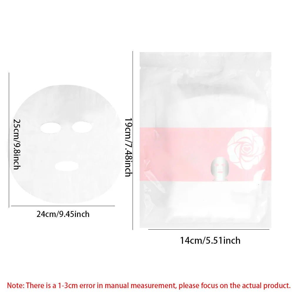 White facial sheet mask measuring 25x24cm, shown with its 19x14cm rose-patterned storage pouch and dimensions.