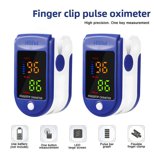 Two blue and white plastic fingertip pulse oximeters with LED screens displaying oxygen and heart rate readings.