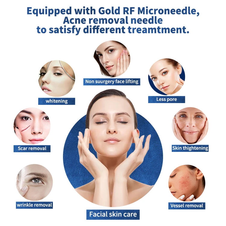 Portable fractional RF microneedle skin tightening device for facial wrinkle, scar, and pore removal and skin whitening.