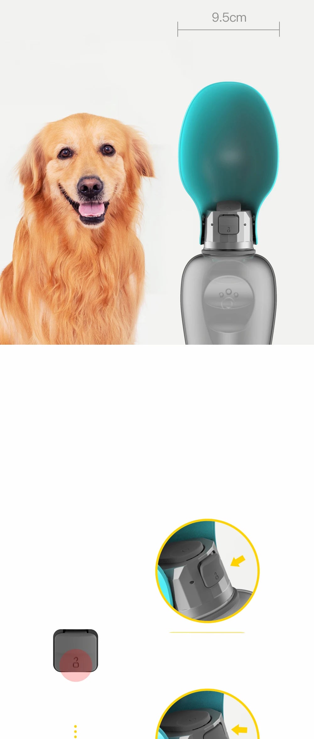 800ml portable dog water bottle with teal bowl for outdoor travel, perfect for small to large dogs and cats.
