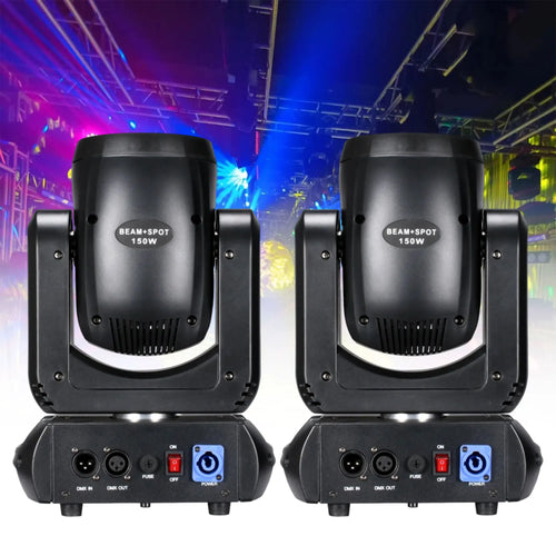 Pair of black dual-beam moving head stage lights with DMX control panels