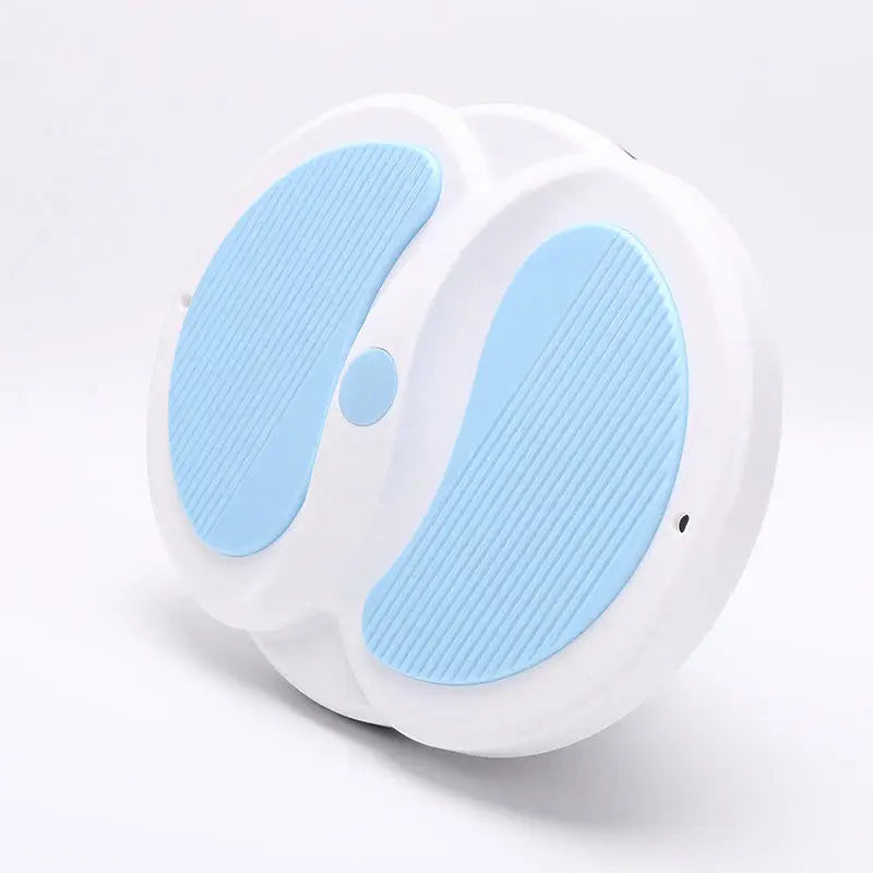 White and light blue plastic waist twisting disc with textured, non-slip foot pads for core fitness exercise.