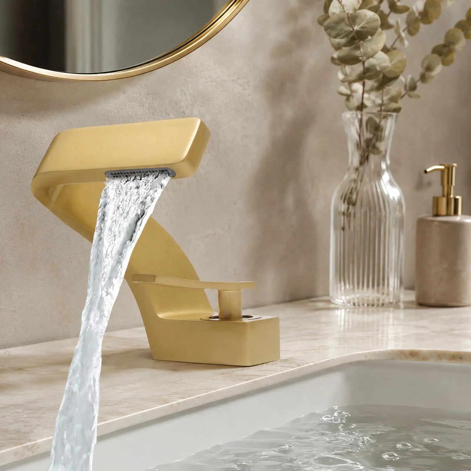Gold Bathroom Waterfall Mixer Tap Modern Washbasin Faucet Copper Basin Tap Elegant Lift Off Type