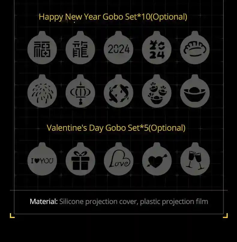 Circular plastic projection gobos with New Year and Valentine’s Day themed designs for light pattern displays.