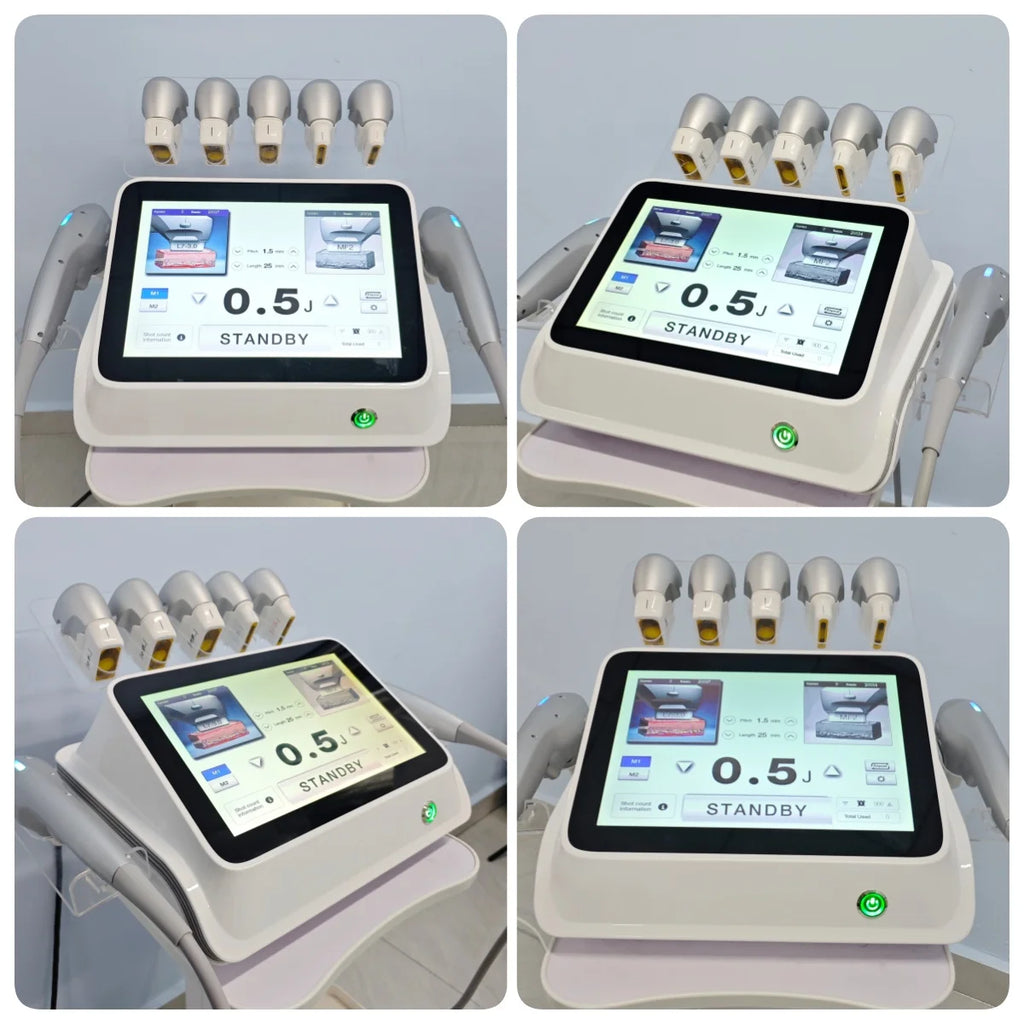 Professional 7D beauty machine with a white base, touchscreen display, and five interchangeable treatment applicators.