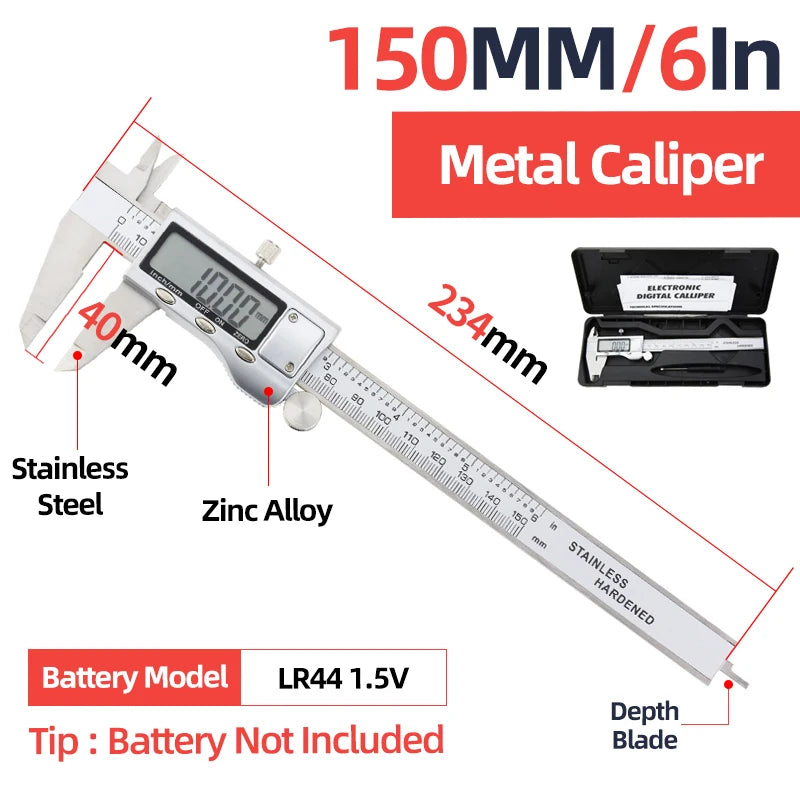 Digital metal caliper with LCD display, stainless steel jaws and depth blade, zinc-alloy body.