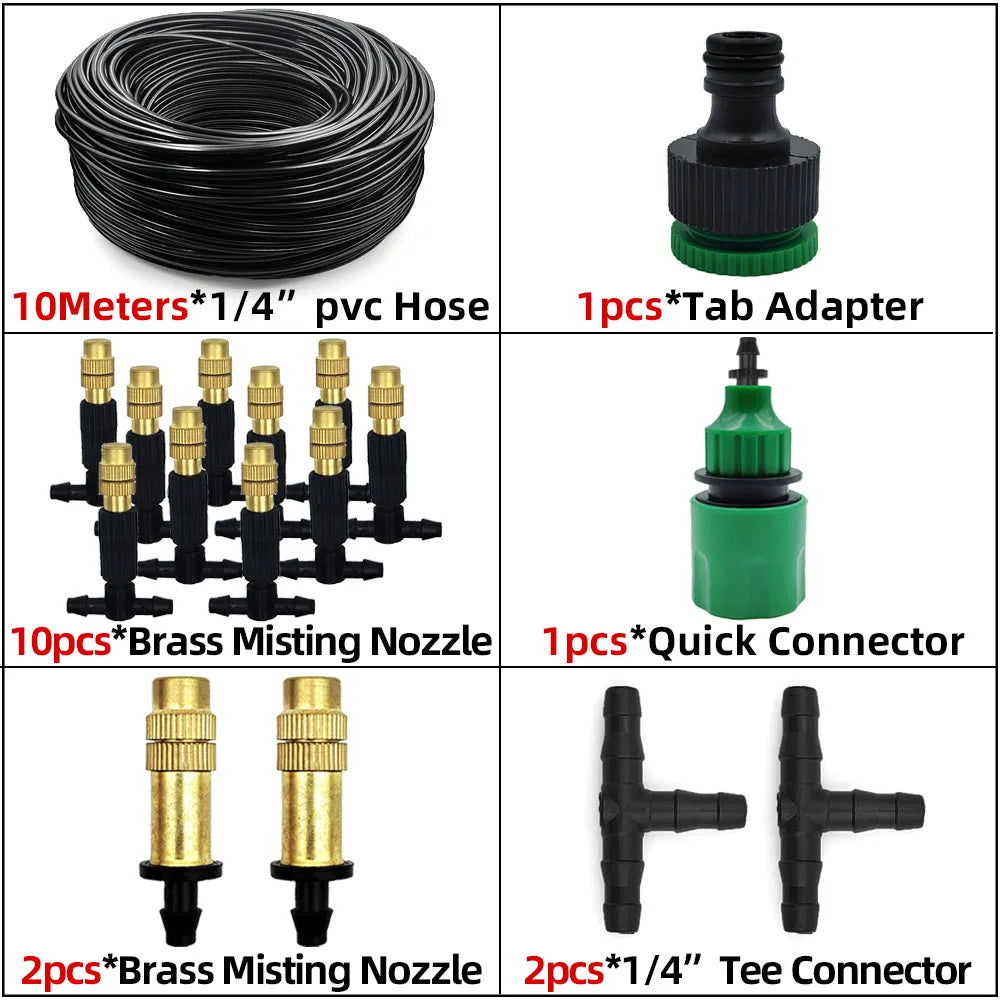 Misting kit parts set: hose coil, brass nozzles, tee connectors, quick adapter