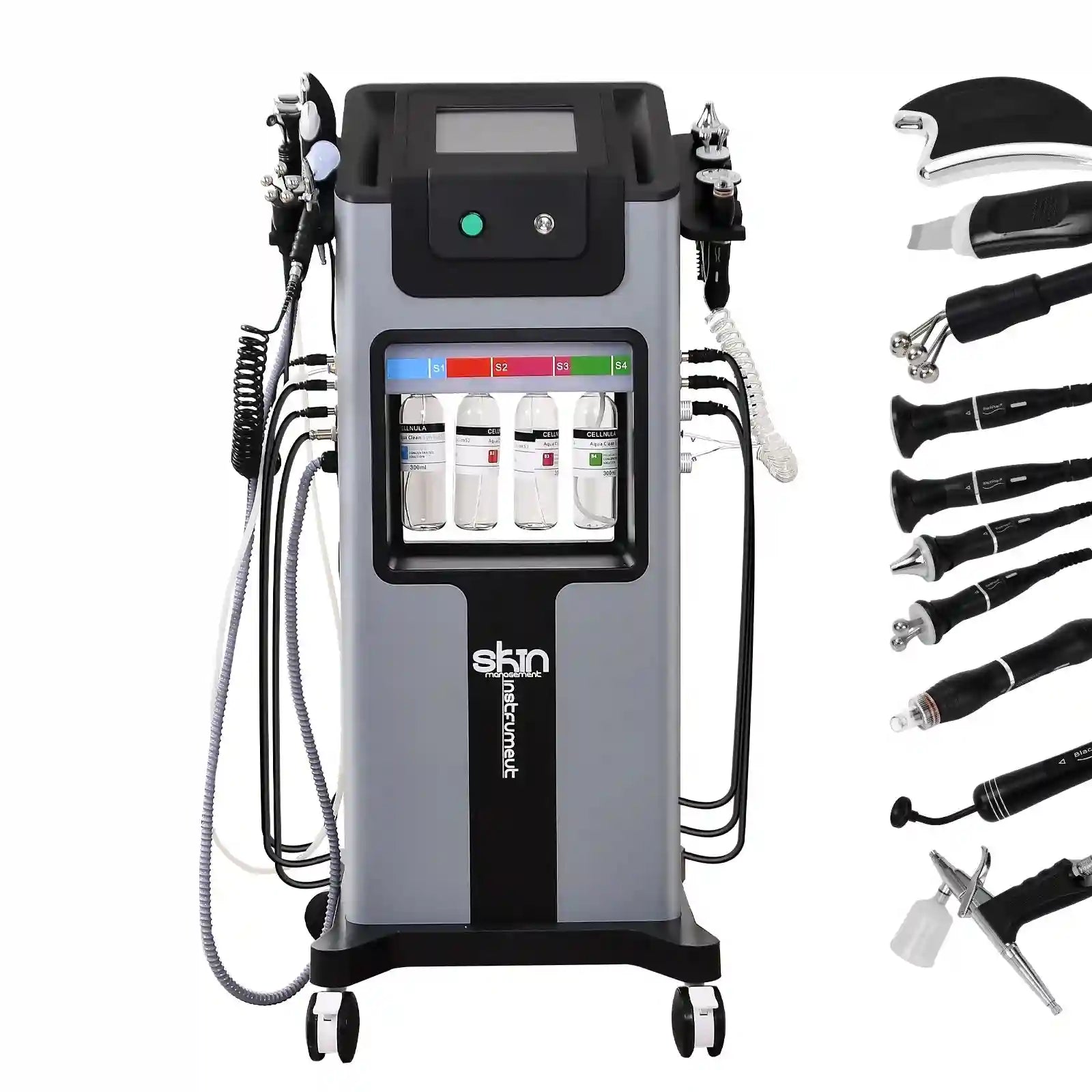 10-in-1 facial machine with a silver tower base, four liquid solution bottles, and multiple handheld treatment probes.
