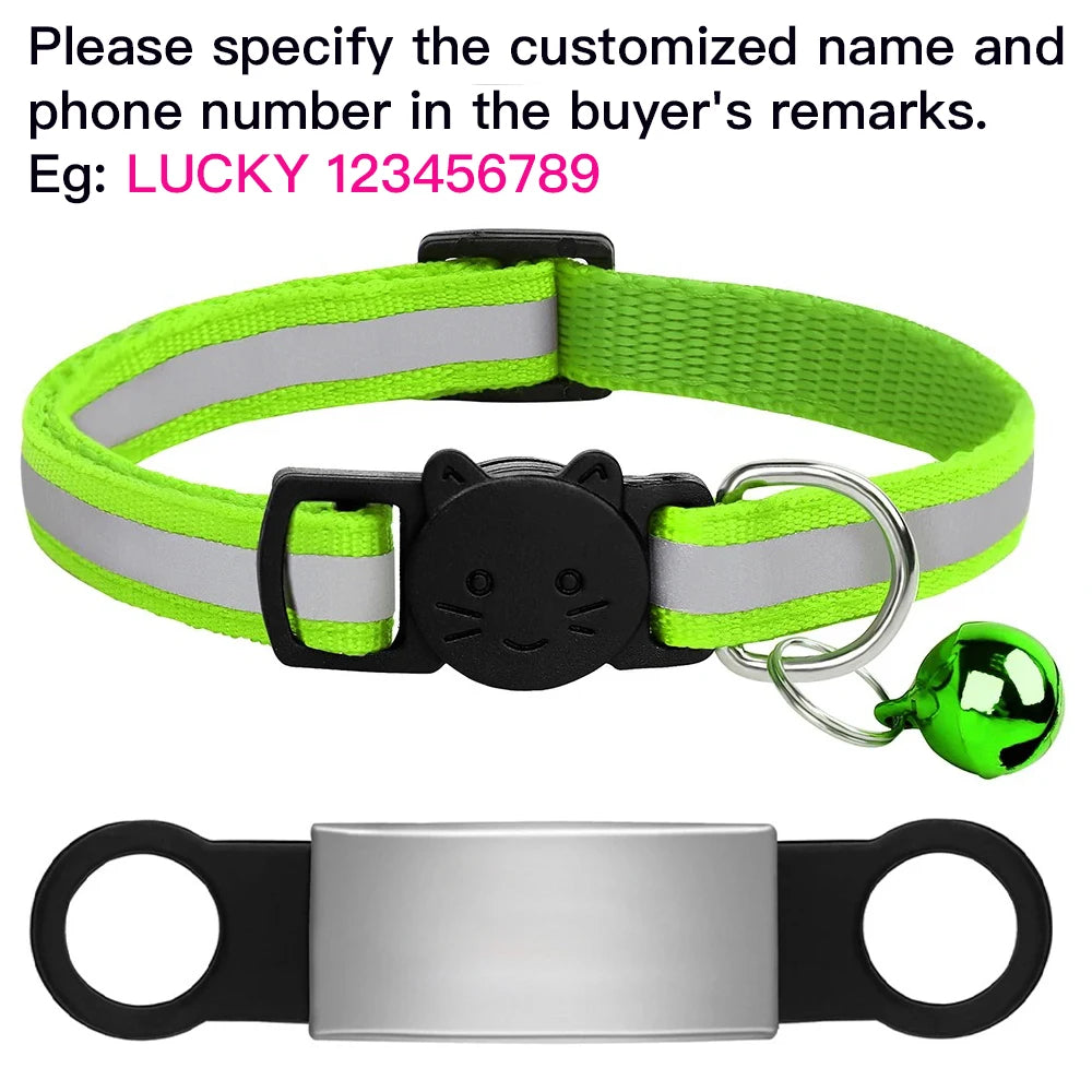 Green reflective cat collar with bell and custom engraved ID nameplate for anti-lost safety for kittens and puppies.