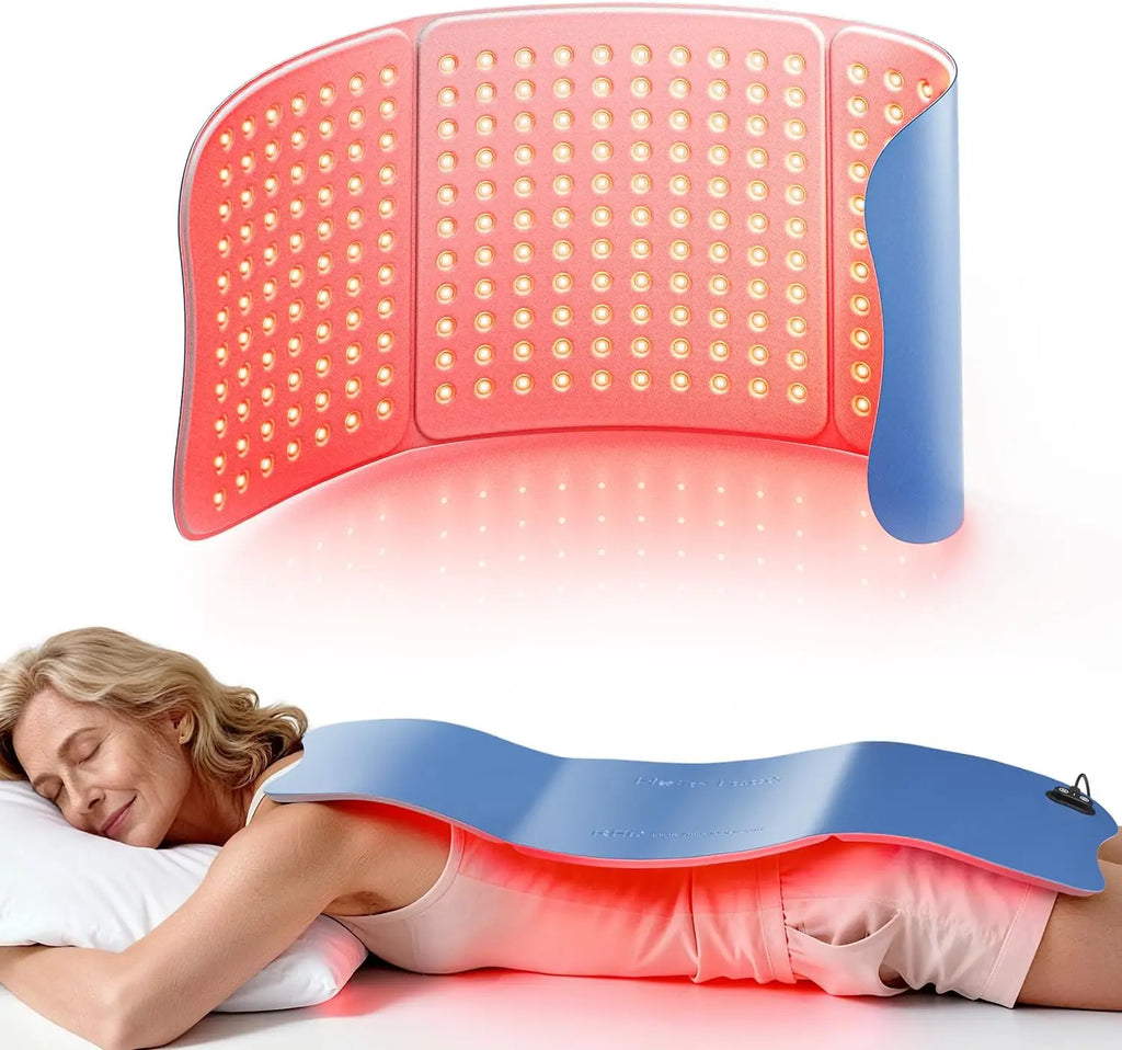Flexible blue red light therapy mat with glowing LED lights, shown flat and wrapped, used on a woman's back.