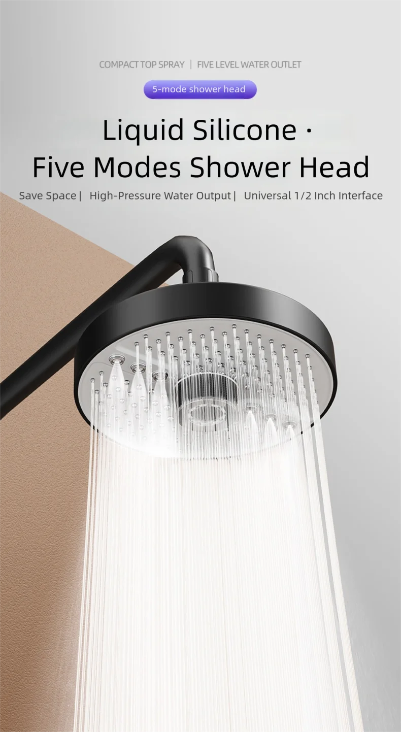 Adjustable Rainfall Shower Head 5 Modes Big Panel High-pressure Large Flow Top Spray 175mm Ceiling Mounted Supercharge Shower