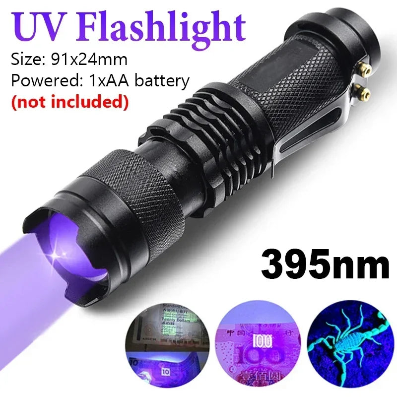 Mini 395nm black UV flashlight for detecting pet urine stains, currency, and scorpions. Portable zoomable metal lamp.