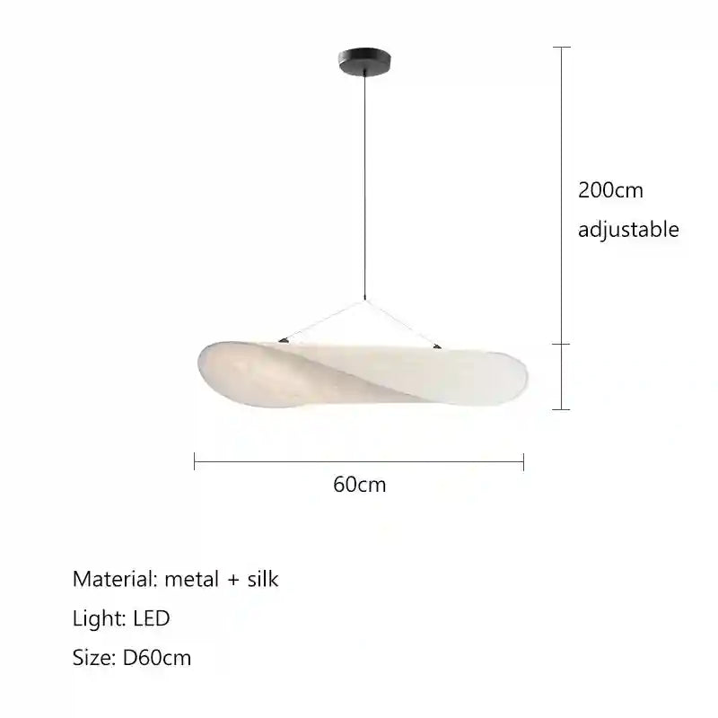 A 60cm white silk and metal pendant light with an adjustable 200cm cord for overhead ceiling lighting.