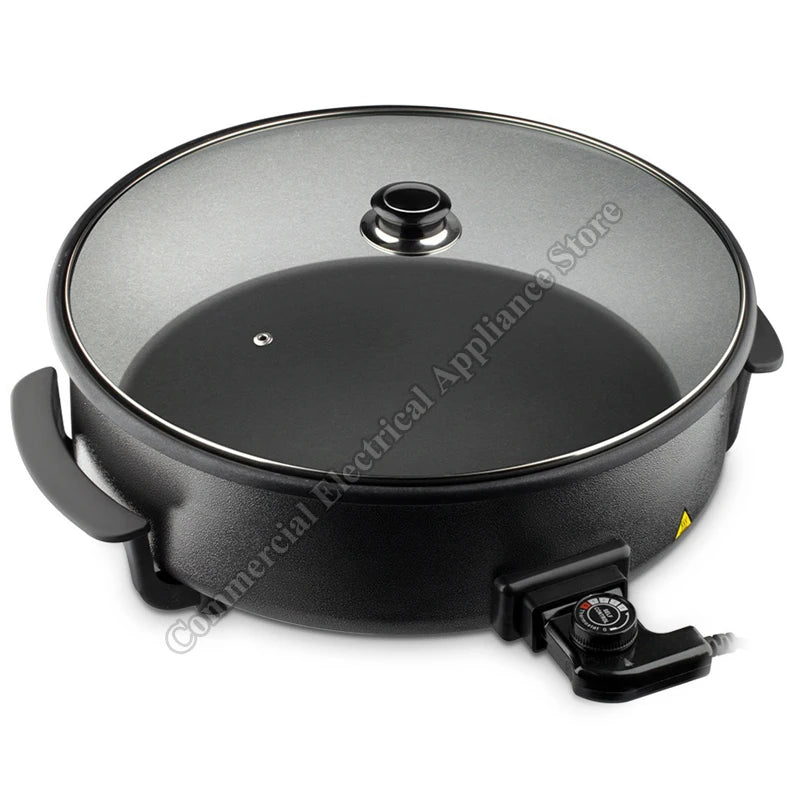 Electric hot pot with black lid and glass-like cooking surface cover