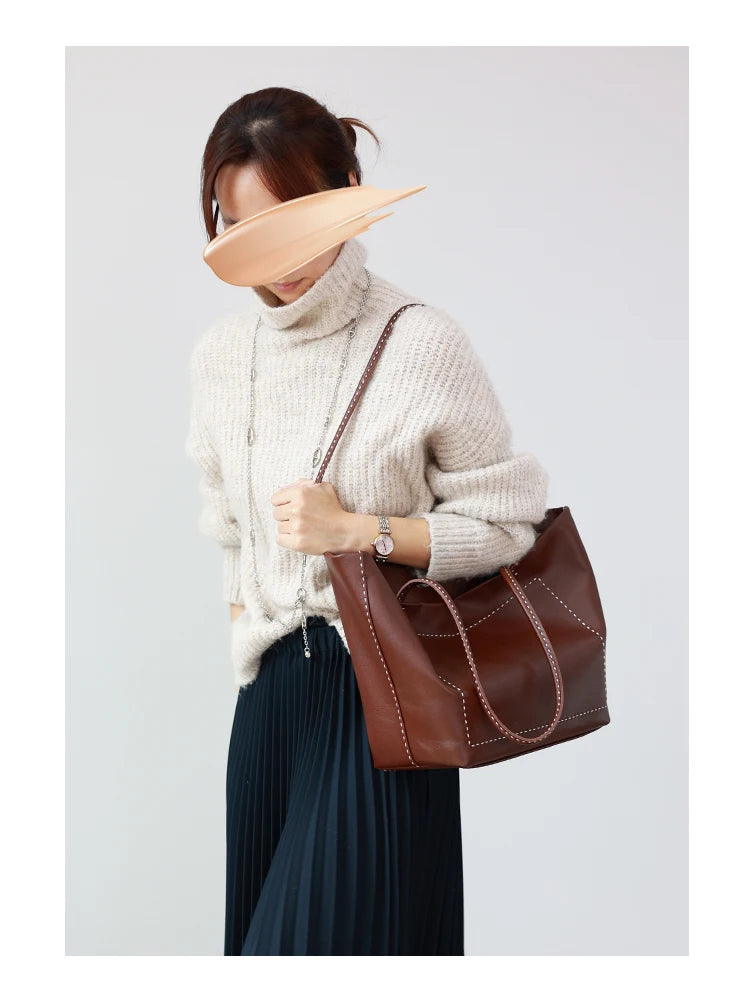 Women Large Capacity Genuine Leather Tote Soft Shoulder Bag