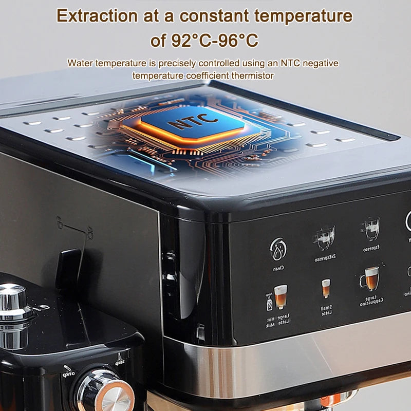 Black automatic coffee maker featuring precise NTC temperature control display for consistent espresso extraction.