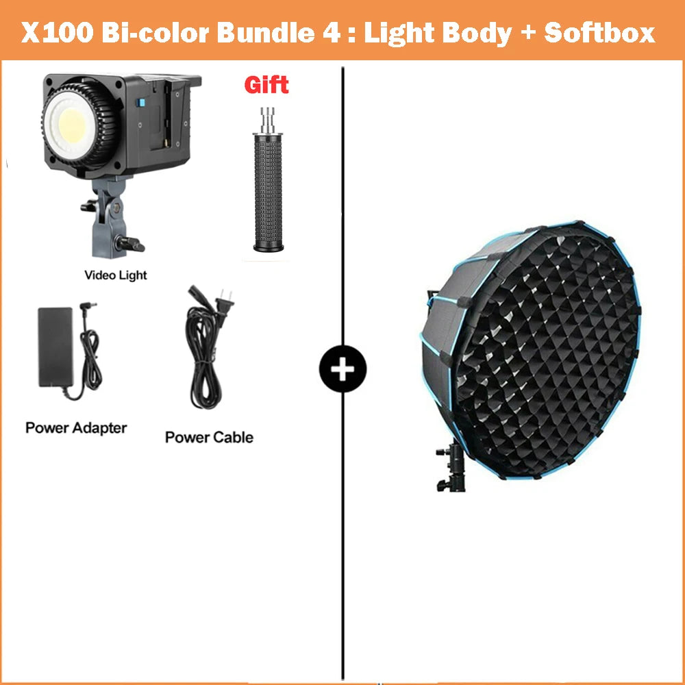 X100 bi-color video light kit with power adapter, cable, grip handle, and a black collapsible softbox with grid.