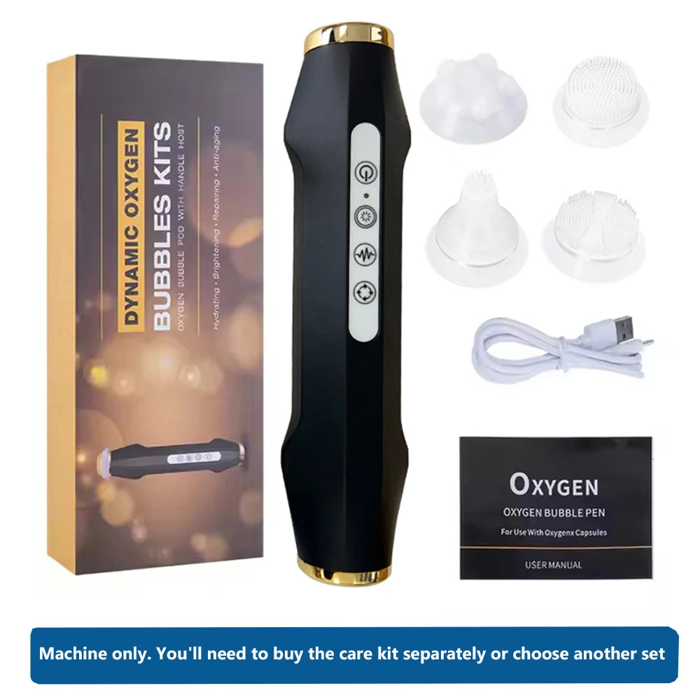 Black oxygen bubble facial device with four interchangeable white heads, USB charging cable, user manual, and box.