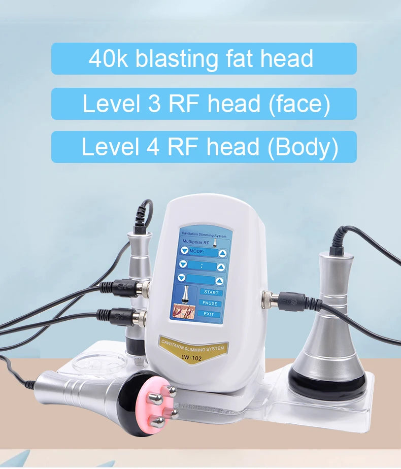 White 3-in-1 40K ultrasonic slimming device with three attachments, a digital screen, and a clear plastic base.