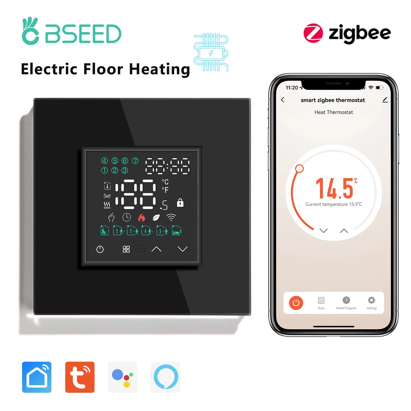 Zigbee electric floor heating thermostat switch with touchscreen display, black