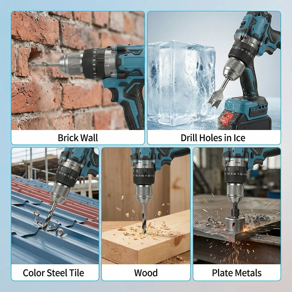 Podofo High Power Brushless 13mm Cordless Hammer Impact Drill Driver Portable Power Drill Heavy Duty Drilling Machine 140N.m Torque 20+3 Clutch 3 Modes Impact Drilling Flat Drilling Screw Driving For Wall Ice Metal Wood Drill