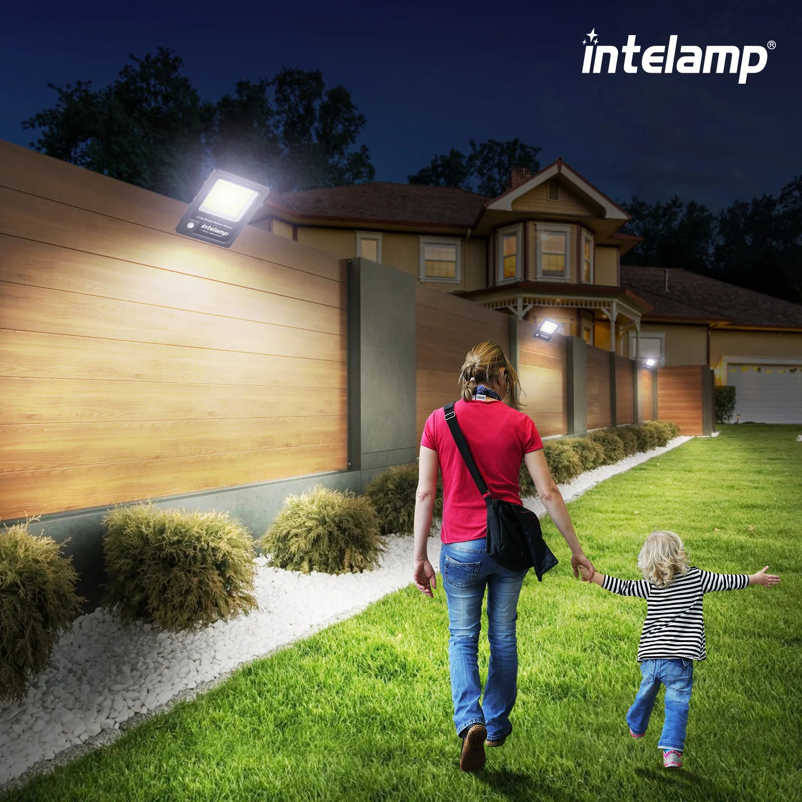 Intelamp 12000mah 3000LM Solar Lights Outdoor Lamp IP66 With Larger Solar Panel Two Motion Sensors For Garden Street Wall Yard