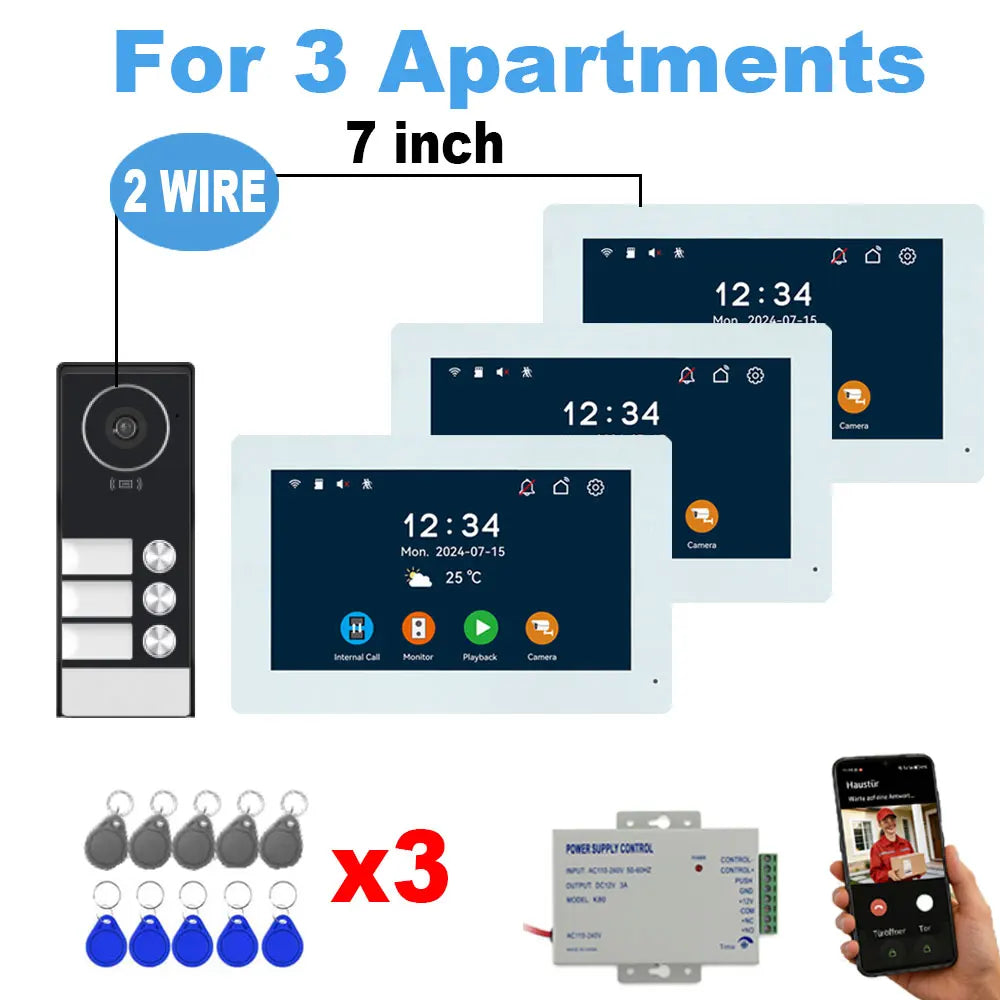 7" Touch Monitor Tuya WIFI Video Building Intercom System 2 Wire Cable Port 2-4 Units Apartment Video Door Phone Doorbell Kits
