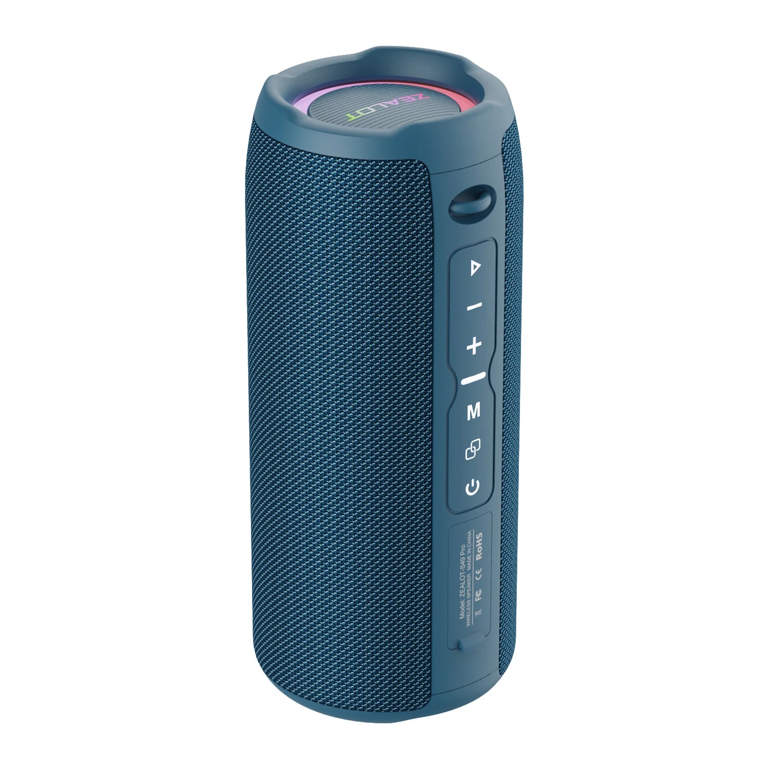 Blue portable wireless speaker with side control panel and top grille