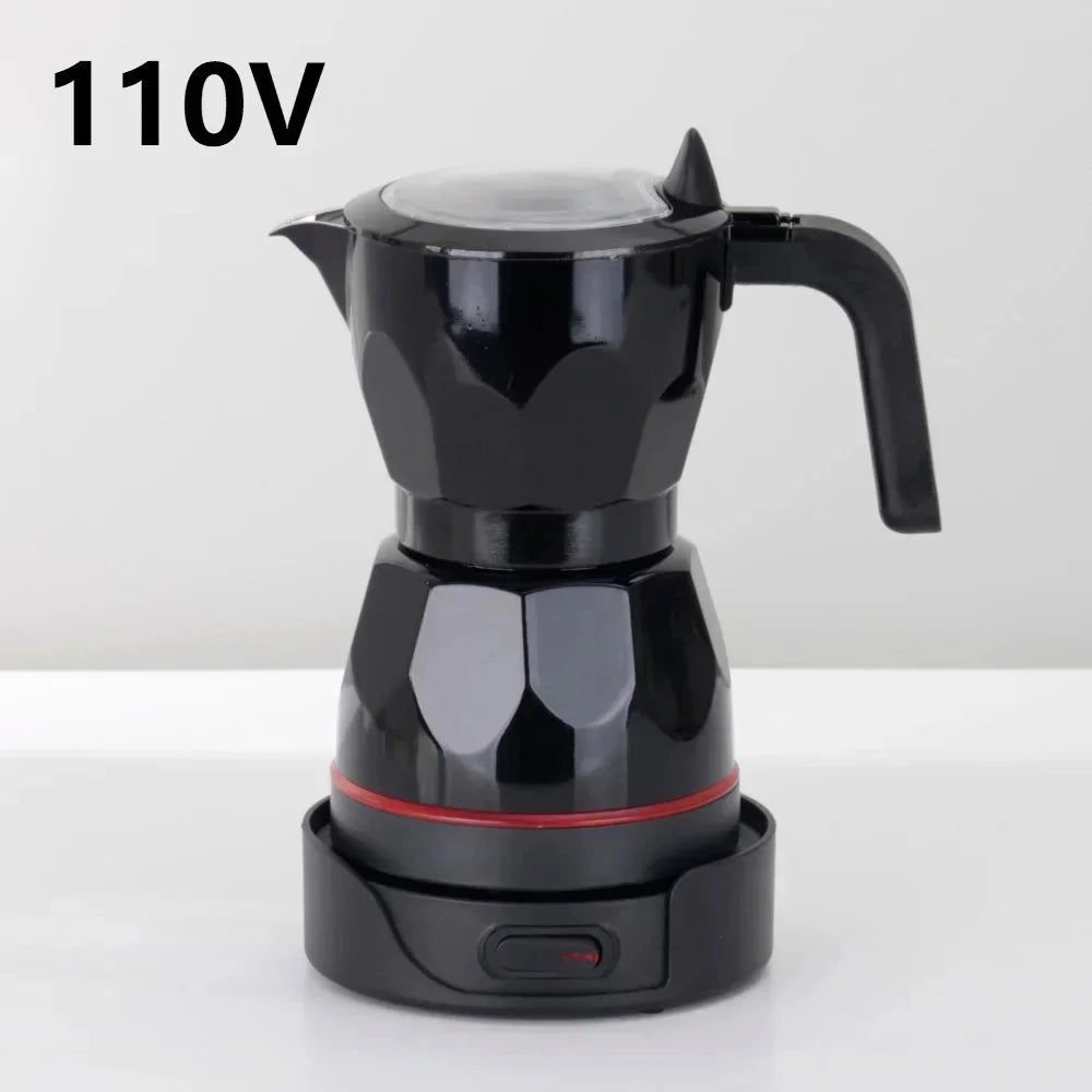 Black 110V electric moka pot coffee maker with faceted design, plastic handle, and red base accent on electric stand.