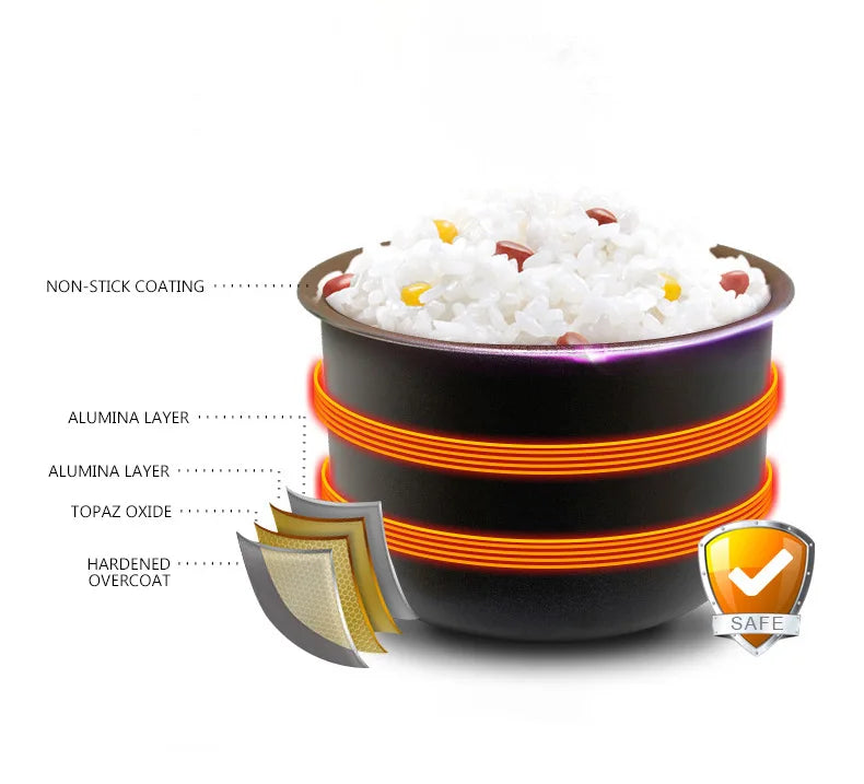Electric double-pot rice cooker with nonstick bowl and safety icon, black with orange heater rings