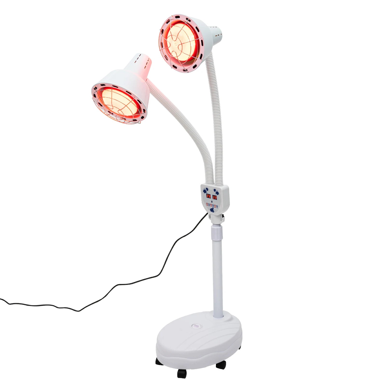 275W double-headed infrared heat lamp for pain relief with adjustable temperature, flexible arms, and white floor base.