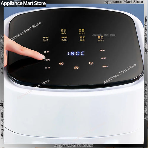 White air fryer with black touchscreen control display and glowing timer