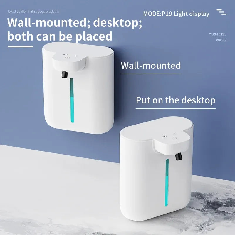 Automatic soap dispenser, white touchless model shown wall-mounted and desktop placed with a blue liquid level indicator.