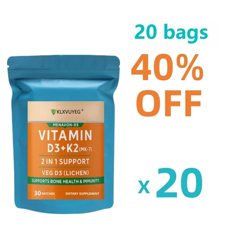 Tidesmit Vitamin D3 K2 MK7 patch for bone and heart health. 20-pack bundle of D3 and K2 supplement patches for adults.