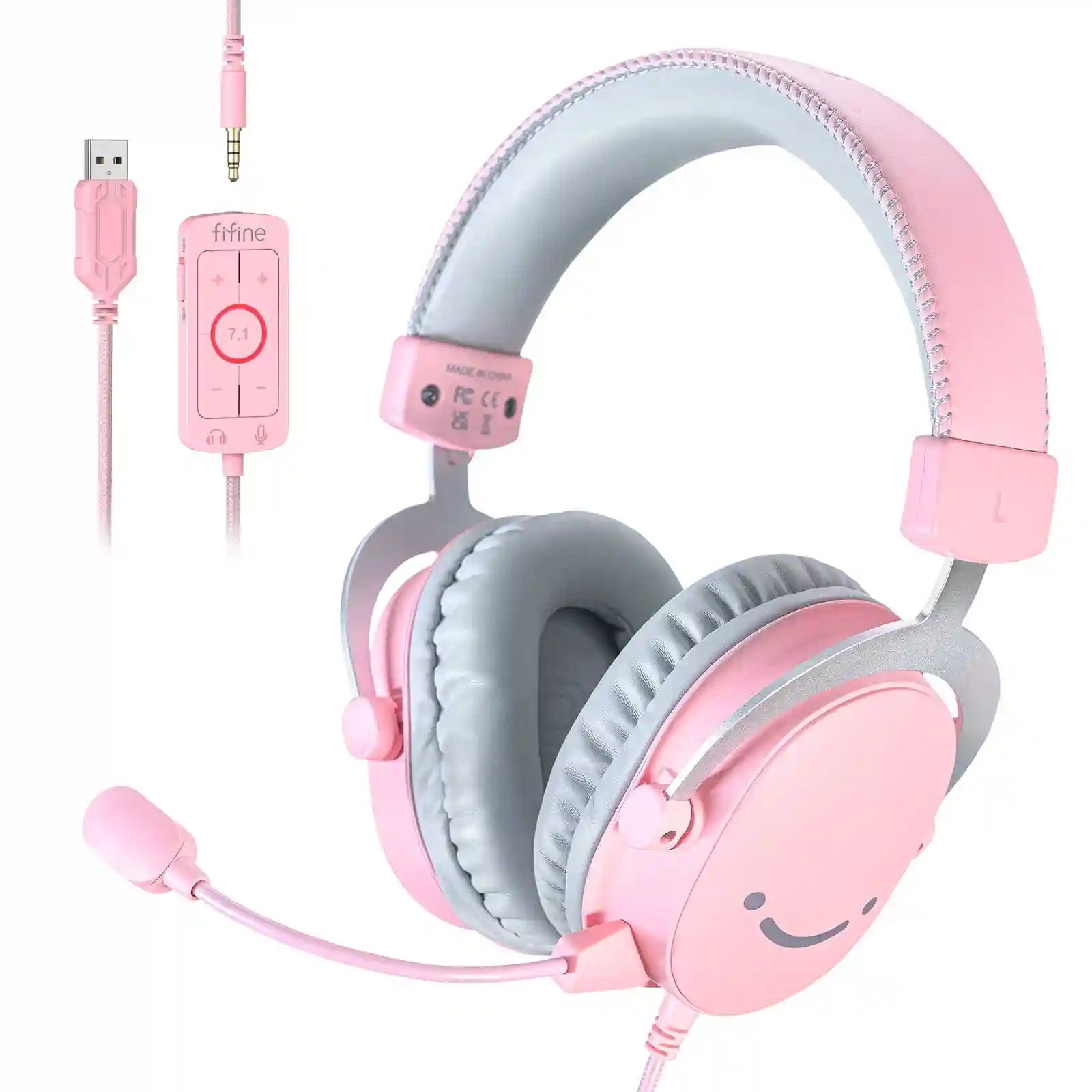 USB Gaming Headset 7.1 Surround Sound Wired Over-Ear PC PS5 White Pink Tidesmit