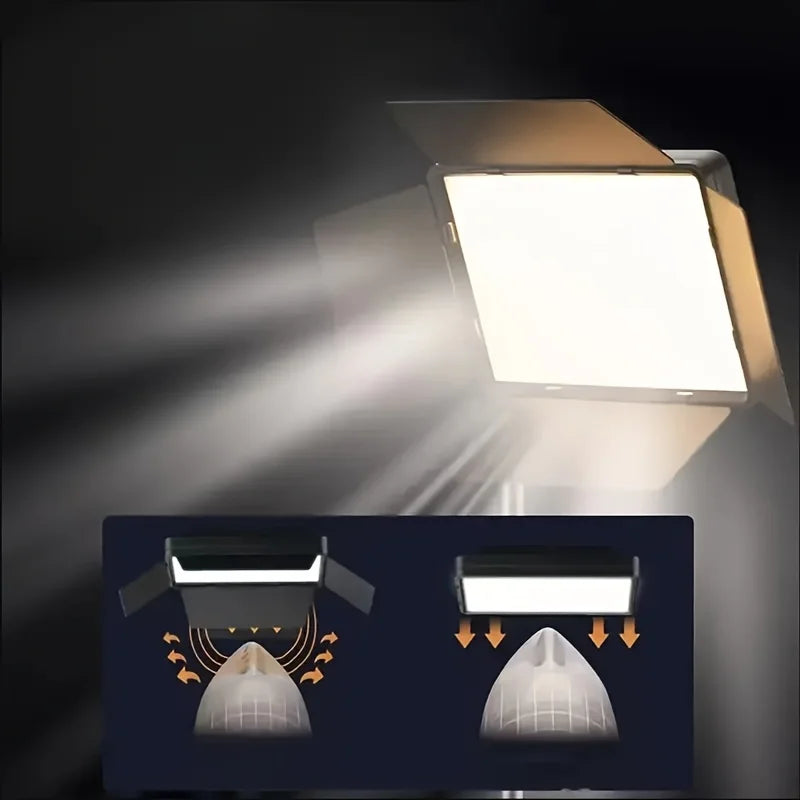 Square LED studio light with adjustable metal barn doors, shown casting light for photography and video production.