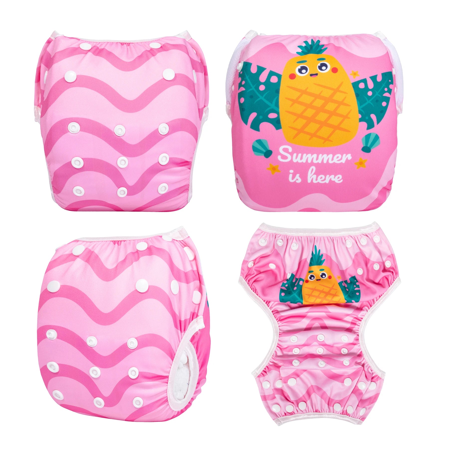 Reusable baby swim diaper, adjustable snap design, pink pineapple "Summer is here" print, one size fits most.