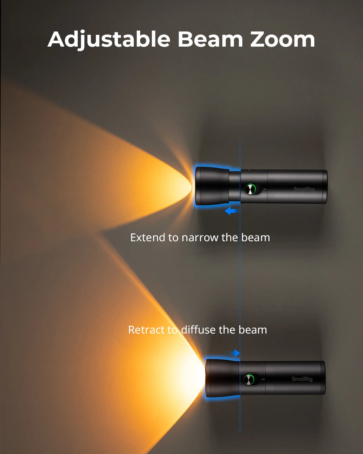 Black cylindrical LED light showing how extending the head narrows the beam and retracting it diffuses the light.