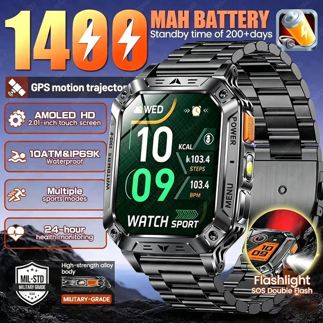 2026 New 1400mAh Big Battery Smart Watch Men Outdoor GPS Flashlight 10ATM Waterproof Bluetooth Call AMOLED HD Sports Smartwatch