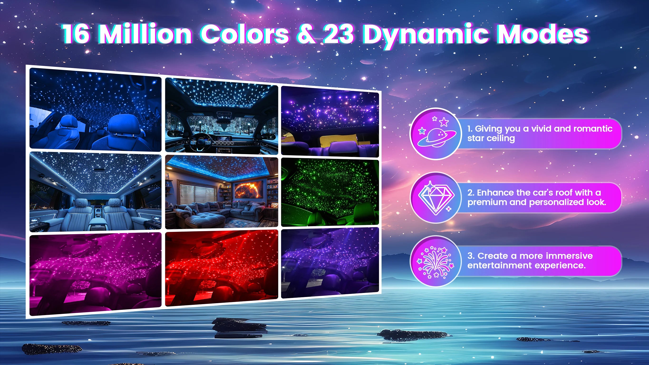 Car Home Use APP Control Fiber Optic Light Kit, 16W RGBW Music Mode Star Ceiling Sky Light with 500/1000 Strands 6.5ft/ 2m Optical Fiber Cable, and More Than 10 Million Colors