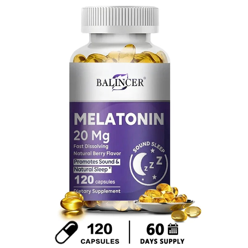 Melatonin 20mg Capsules, Natural Sleep Aid, Fall Asleep Faster, Improves Sleep Quality, Deep Sleep, Relaxation, Vegan
