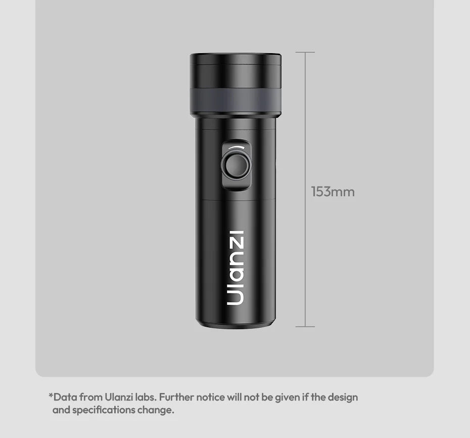 Black 153mm LED handheld photography light with a cylindrical metal body and a central power button.