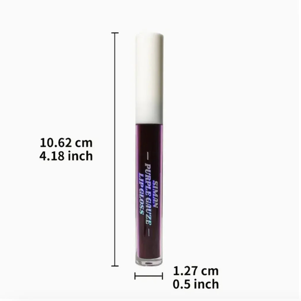 Long-lasting purple matte lip ink tint in a slim 4.18-inch clear tube with a white cap. Peel-off liquid lipstick.