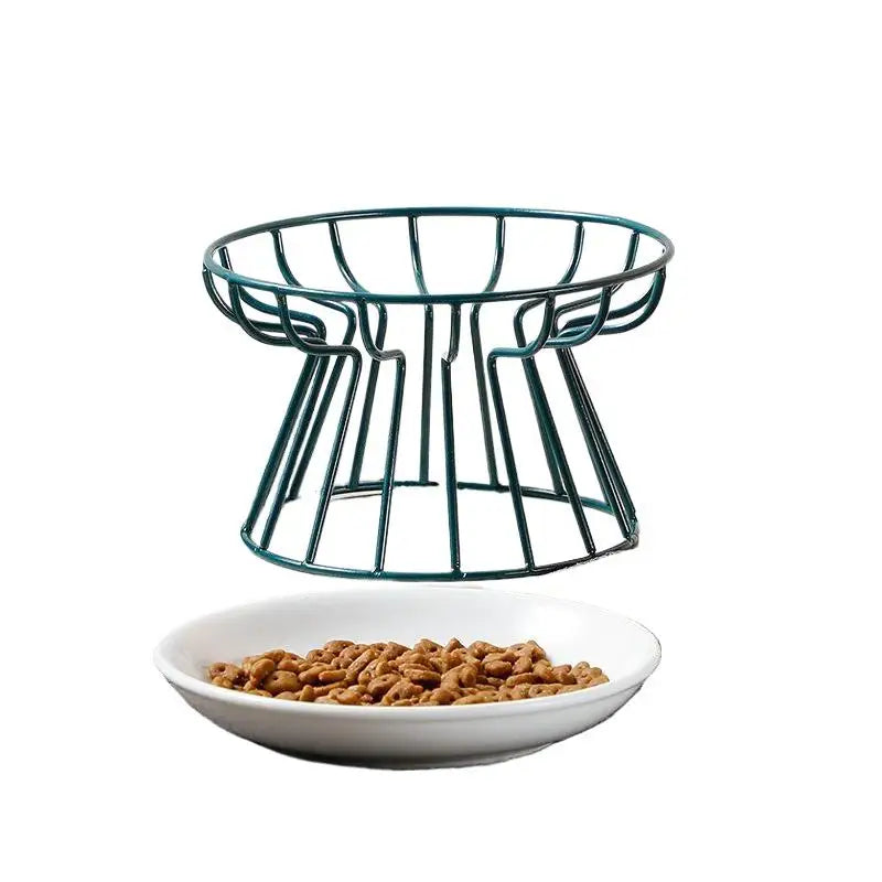 Raised ceramic cat and dog bowl with green metal stand for ergonomic, easy pet feeding and comfortable digestion.