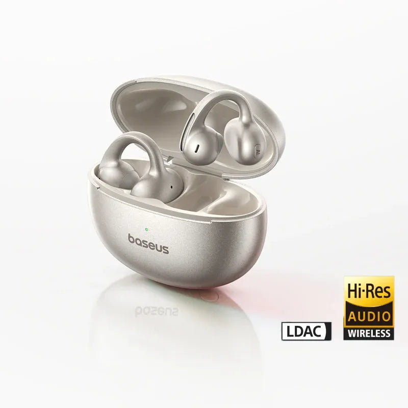 Baseus MC1 Pro Ear Clip Wireless Earphones Bluetooth 6.0 Hi-Res Ultra Open Earbuds earrings 4-Mic ENC Clip on ear buds Headphone Natural Titanium Tidesmit