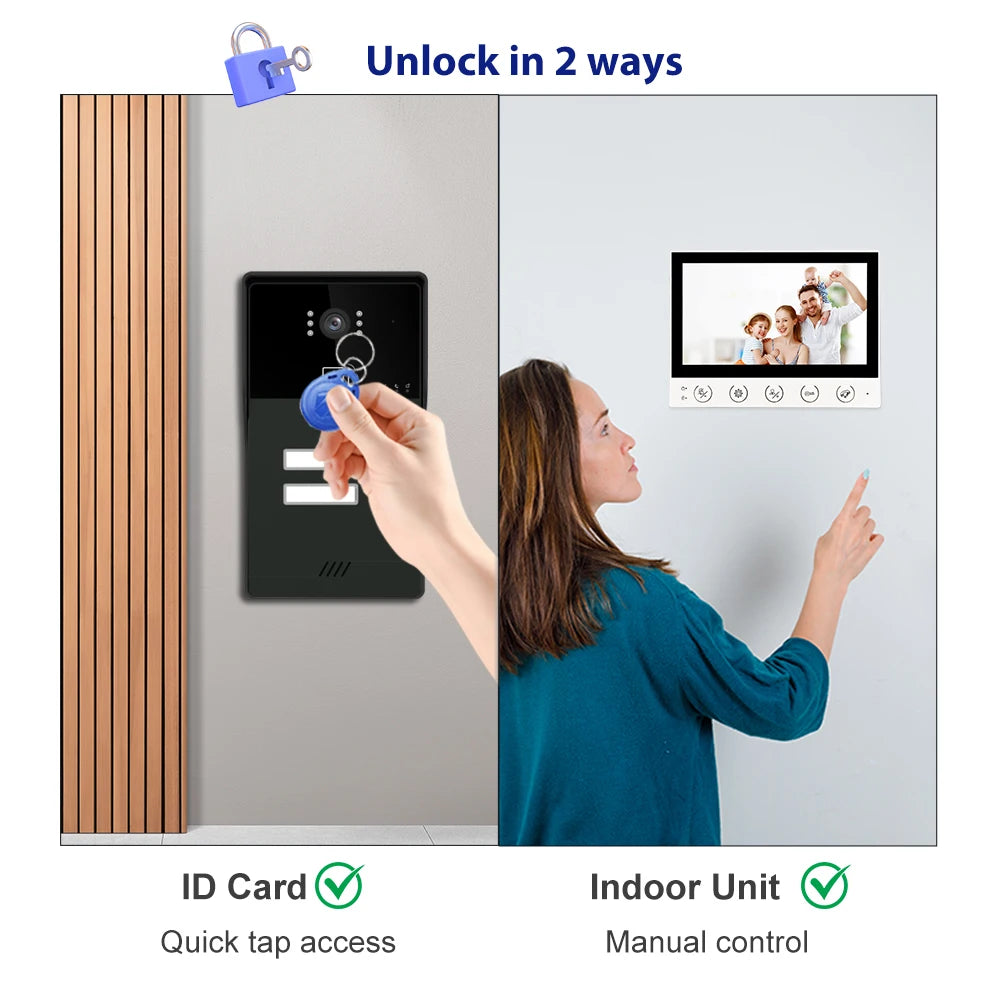 7-inch 4-line video doorbell intercom system, CVBS interface, 1-2 units, with night vision function, suitable for apartments