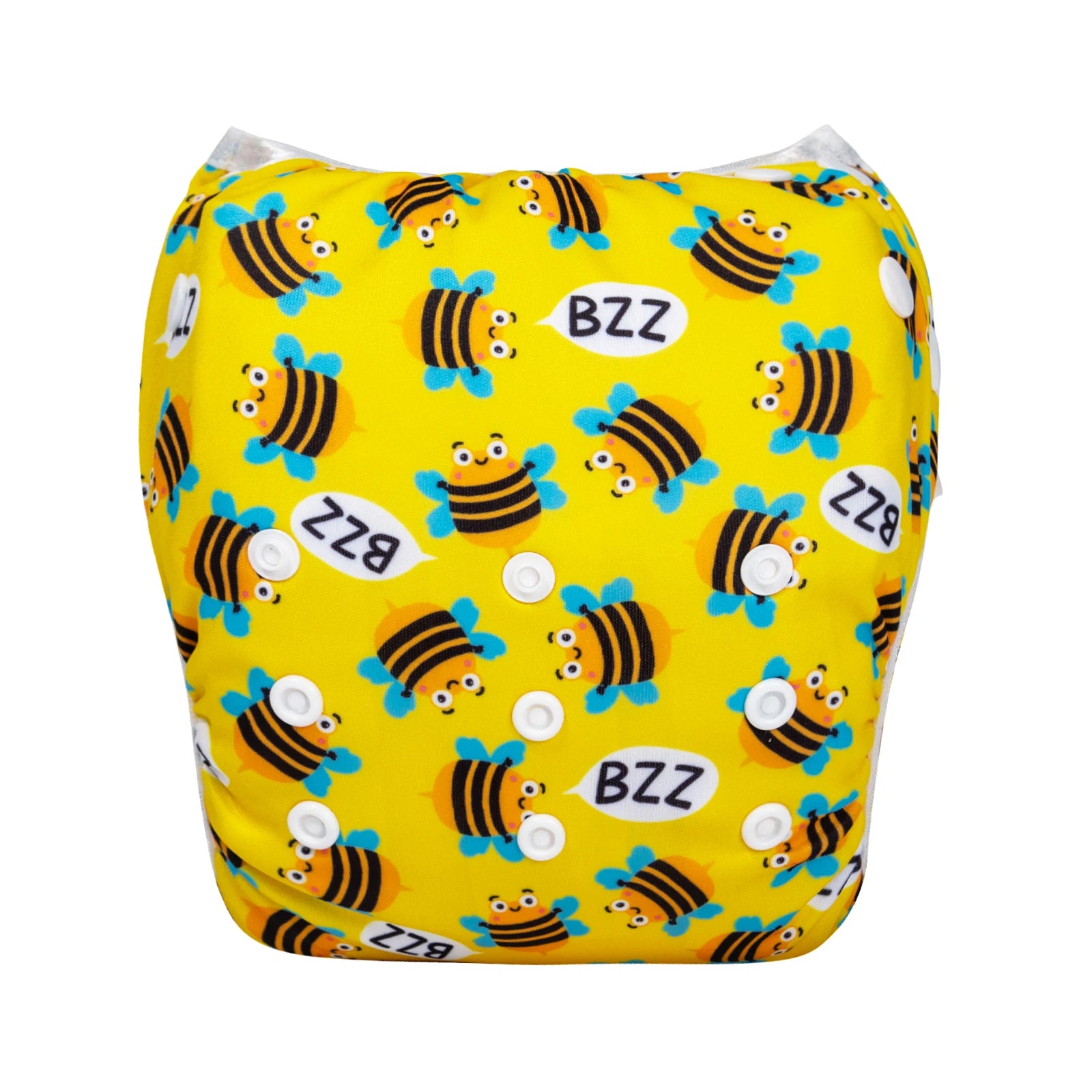 Reusable baby cloth diaper in yellow with cute buzzing bee print and adjustable snap buttons.